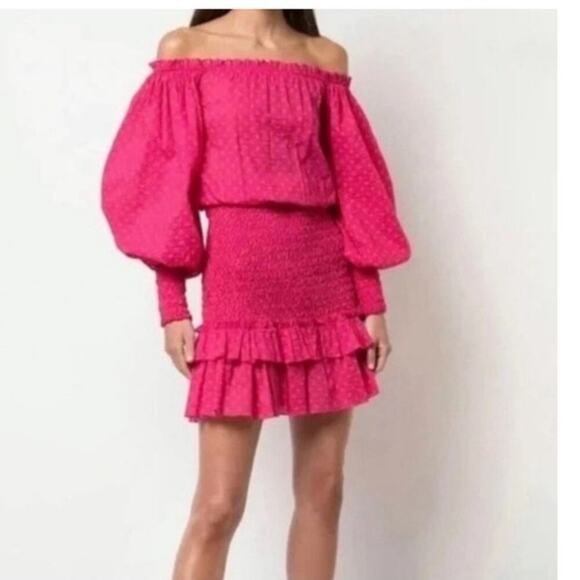 NWT Alexis Marilena Dress Size M Smocked Polka Dot Off-Shoulder Pink Orange Dots - Picture 1 of 8